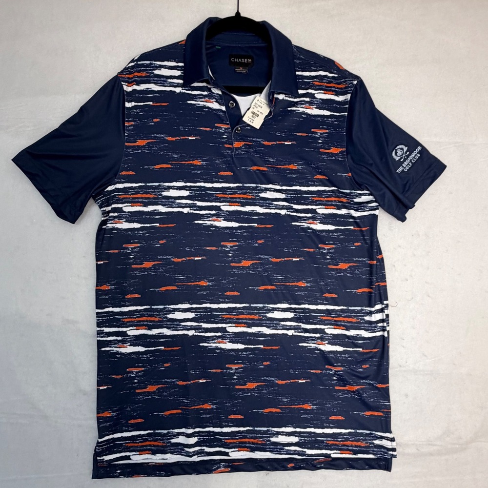 Chase 54 Mens Broadmoor Golf Club Performance Polo Shirt Navy Orange Abstract M